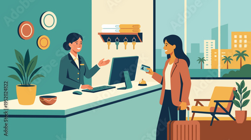 Woman handing credit card to receptionist.