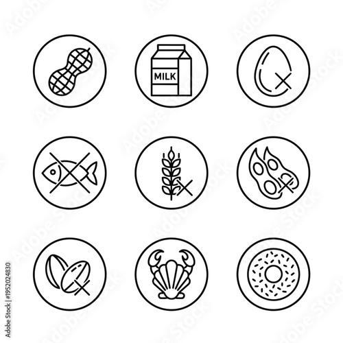Set of nine circular icons representing common food allergens.