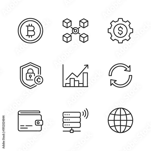 Set of nine cryptocurrency and blockchain technology icons.