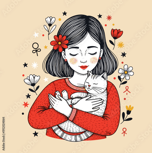 Girl holding cat like baby, tender pet care and love illustration
