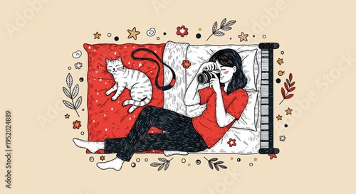 Teen photographing cat on bed, cozy pet photography lifestyle illustration