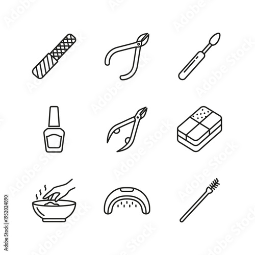 Set of nine handdrawn icons representing nail care and manicure tools.