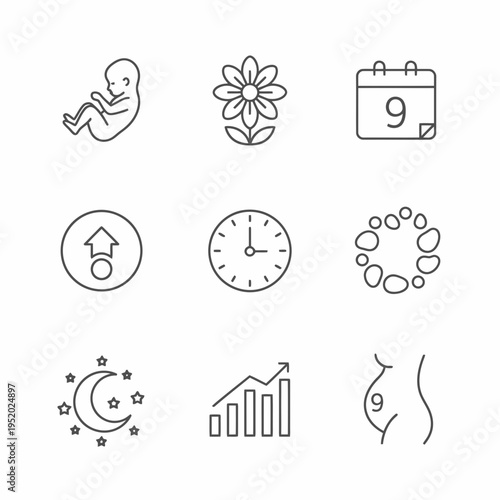 Set of nine icons representing pregnancy and growth stages.
