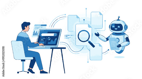 Man working on computer with robot assisting in knowledge base search and data analysis