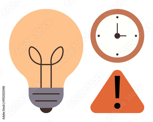 Creative thinking, project planning, safety awareness, time management, innovation, and urgency. Lightbulb, clock and caution symbol. Creative thinking and time management concepts