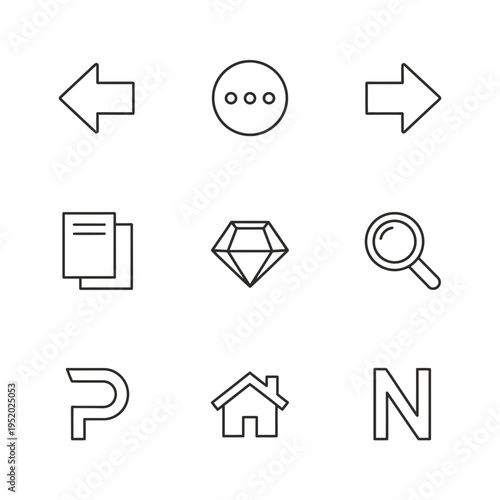 Set of nine simple line art icons for user interface design.