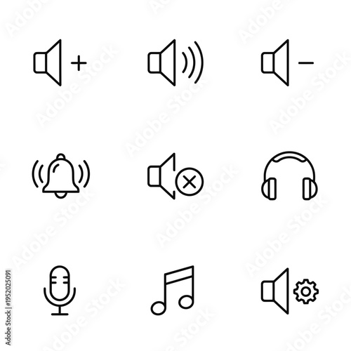 Set of nine simple line icons representing audio and sound controls.