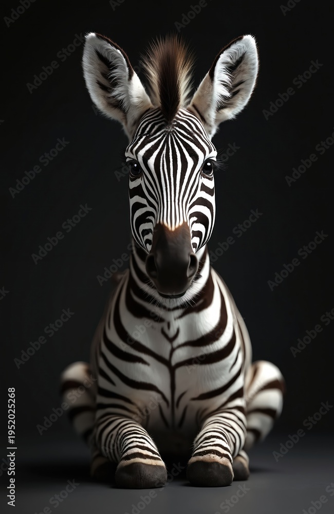 Fototapeta premium Small zebra sits in studio against dark background. Cute foal has bold black and white stripes. Animal looks directly at camera with large curious eyes.