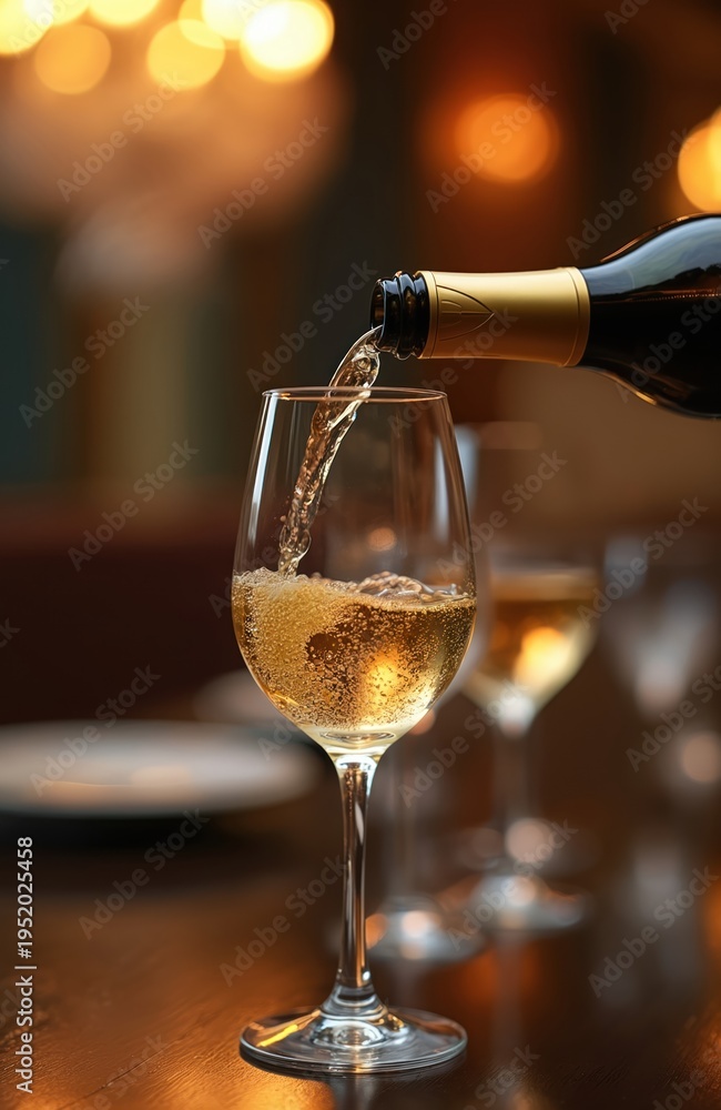 Fototapeta premium White wine pours from dark bottle into crystal glass. Bubbles form in liquid. Another glass sits nearby on wooden table. Soft lights create bokeh effect.