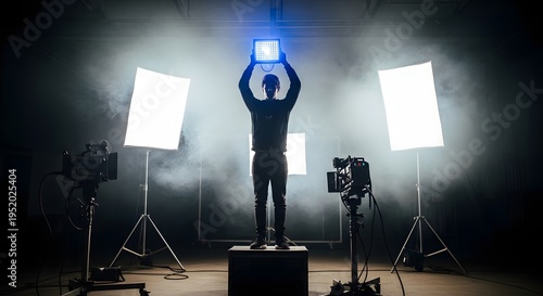 A person standing on a box with arms raised holding a light source