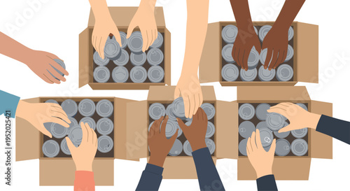 Multiple hands with various skin tones are placing silver canned goods into five cardboard boxes from a top-down perspective.