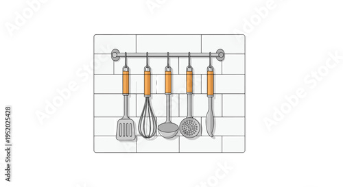 Five kitchen utensils with orange handles hang from a silver rail on a white tiled kitchen wall.