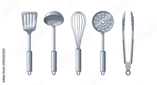 Five silver kitchen utensils including a spatula, ladle, whisk, slotted spoon, and tongs stand upright against a clean white background.
