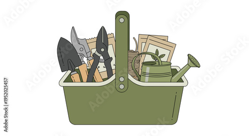 A green handled basket is filled with various gardening tools, including a trowel, shears, seed packets, and a watering can.