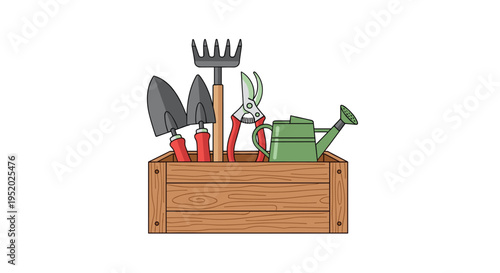 A collection of gardening tools, including shovels, a rake, shears, and a watering can, is arranged in an open wooden crate.