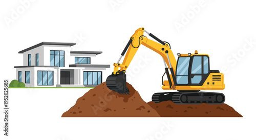 A modern white house stands beside a yellow excavator digging into a brown dirt pile on a white background.