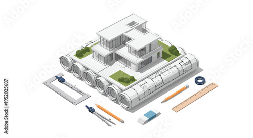 A modern house model with green landscaping rests on rolled architectural blueprints, surrounded by drafting tools on a white background.