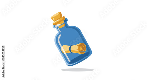 A clear blue glass bottle with a cork stopper holds a rolled message, tilted on a clean white background.
