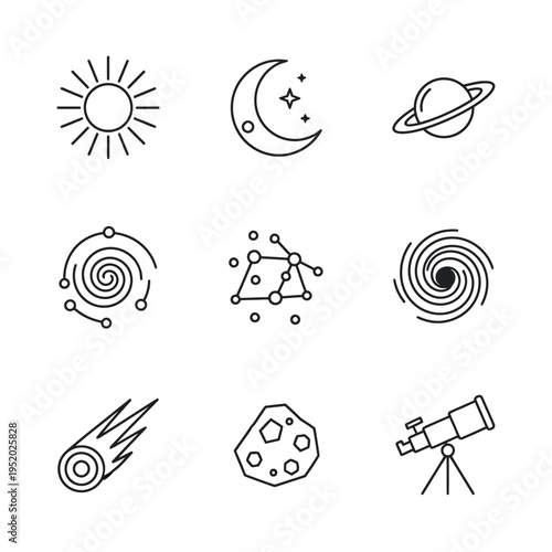 Collection of Celestial Body Icons and Space Exploration Symbols.