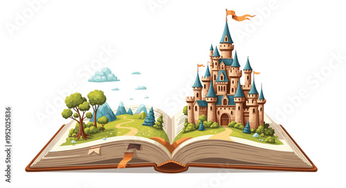 A colorful storybook landscape with a castle, trees, and mountains emerges from an open book on a pristine white background.