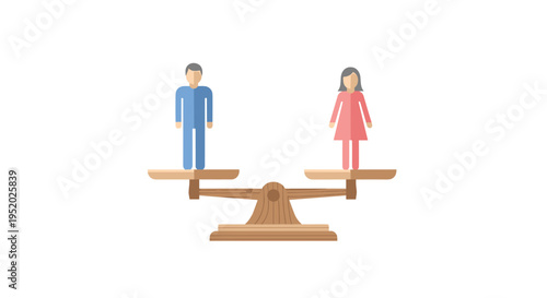 A man and a woman stand perfectly balanced on a wooden scale in a flat minimalist illustration on a white background.