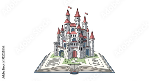 A detailed cartoon castle with red roofs and flags rises from the pages of an open book on a clean white background.