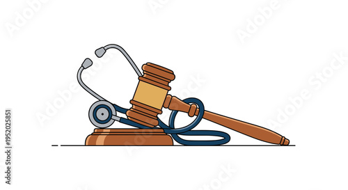 A brown wooden gavel is placed on its block with a blue stethoscope wrapped around its handle on a white background.