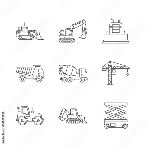 Collection of Construction Vehicles and Equipment Line Art Icons.