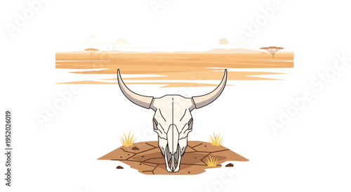 A light-colored bull skull with large horns rests on cracked earth in a desert landscape with distant trees.