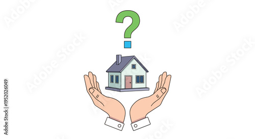 A small house with a green question mark above it is held by two human hands on a bright white background.