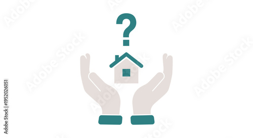 A stylized icon of a house with a question mark is held by two muted grey hands on a pure white background.