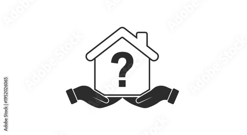 A black and white icon of a house with a question mark is held by two hands on a plain white background.
