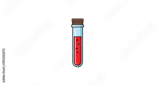 A single test tube filled with bright red liquid containing bubbles and sealed with a brown stopper stands vertically on a white background.