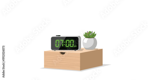 A digital alarm clock displaying 07:00 AM sits on a wooden nightstand with a potted succulent plant on a white background.