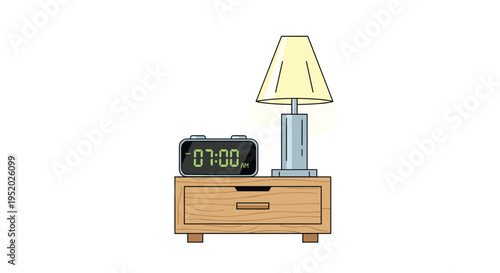 A digital alarm clock and a table lamp are positioned on a wooden nightstand against a simple white background.