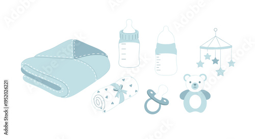 A collection of seven light blue baby items are neatly arranged on a pristine white surface.