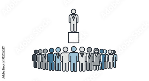 A stylized leader figure stands on a pedestal, overseeing a semi-circular crowd of diverse business people against a white background.