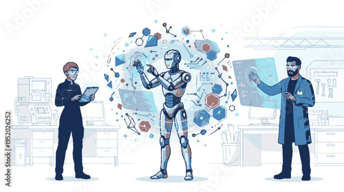 Innovative lab team with robot and virtual interface for technology and ai development