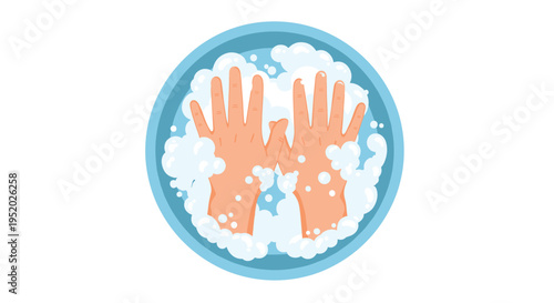 Two hands are being washed in a round blue basin filled with white soap suds and water.