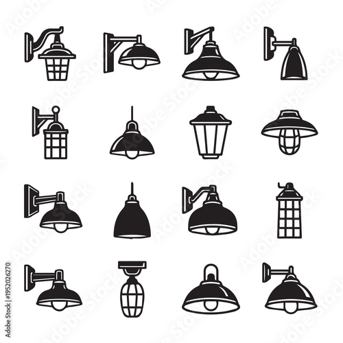 Collection of Outdoor and Indoor Light Fixture Icons with Various Styles and Shapes