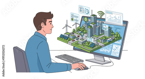 A man in a blue shirt sits at a desk, observing a detailed 3D smart city model displayed on a computer monitor.