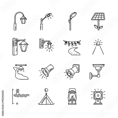 Collection of Outdoor Lighting Icons: Streetlights Lanterns Spotlights Solar Lamp Tent Light