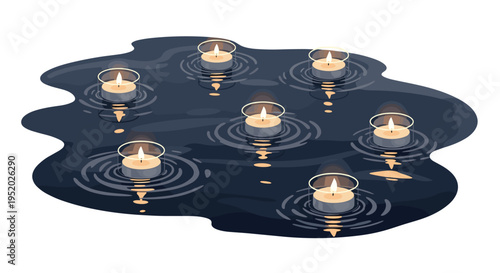 Eight glowing candles in glass holders float on a dark, rippling puddle against a plain white background.