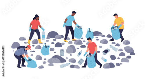 Five people collect plastic bottles and trash into blue bags on a rocky terrain against a white background.