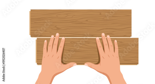 Two hands are positioned above two horizontal wooden planks with visible grain on a plain white surface.