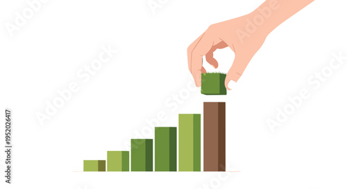 A hand places a green cube on the tallest of five increasing green and brown bar graph columns against a white background.