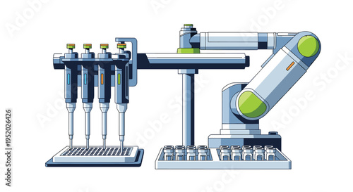 A robotic arm and a multi-channel pipette station are positioned next to a microplate and vials on a white surface.