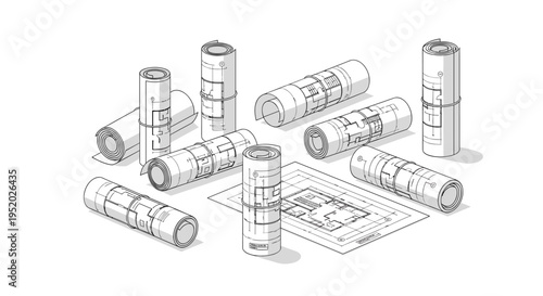 Several rolled-up architectural blueprints are arranged around one open blueprint on a white surface.