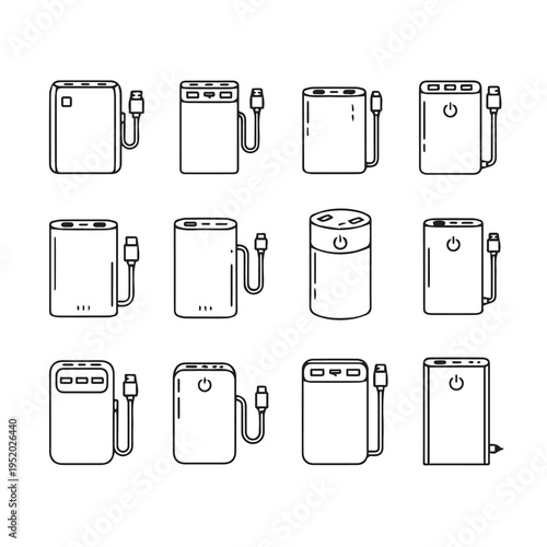 Collection of Portable Power Bank Icons with Cables Various Shapes Clean Line Art Style