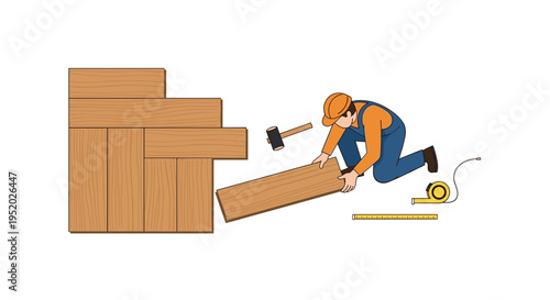 A construction worker kneels to lay wooden floor planks with a hammer and measuring tape nearby on a white surface.